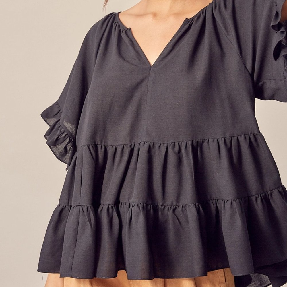 Ladies Black Tiered Ruffle Swing Babydoll Oversize Tunic Top - FINAL CLEARANCE